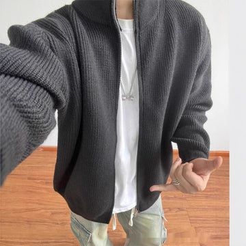 Gray Zip Front Sweater With A Dropped Shoulder