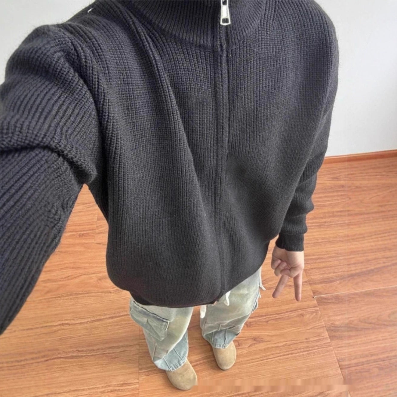 Gray Zip Front Sweater With A Dropped Shoulder