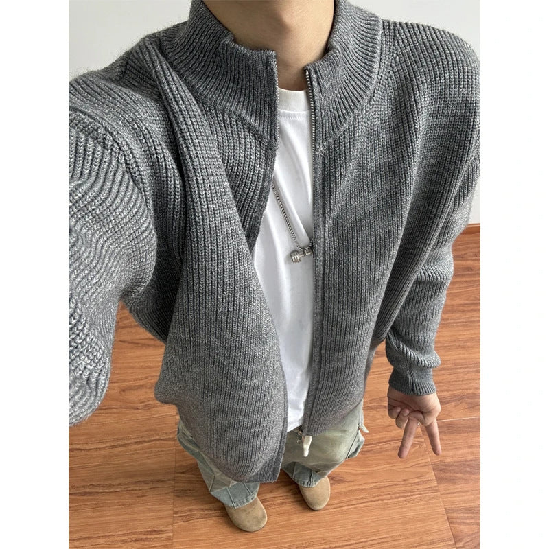 Gray Zip Front Sweater With A Dropped Shoulder